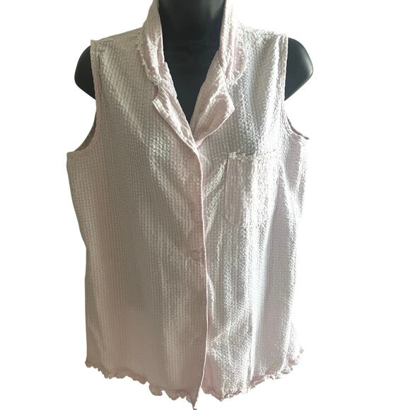 Pink Seersucker Sleeveless Top L Cottagecore Loungewear Floral Trim Soft Girl - Picture 1 of 6